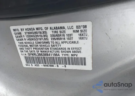 2008 Honda Odyssey Ex-L z USA, uszkodzony, nr VIN 5FNRL38638B411964